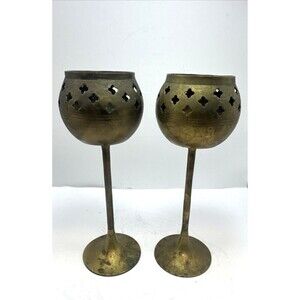 2 Brass Candle Holder India Decorative Perforated Cutout  Star Design 8 In